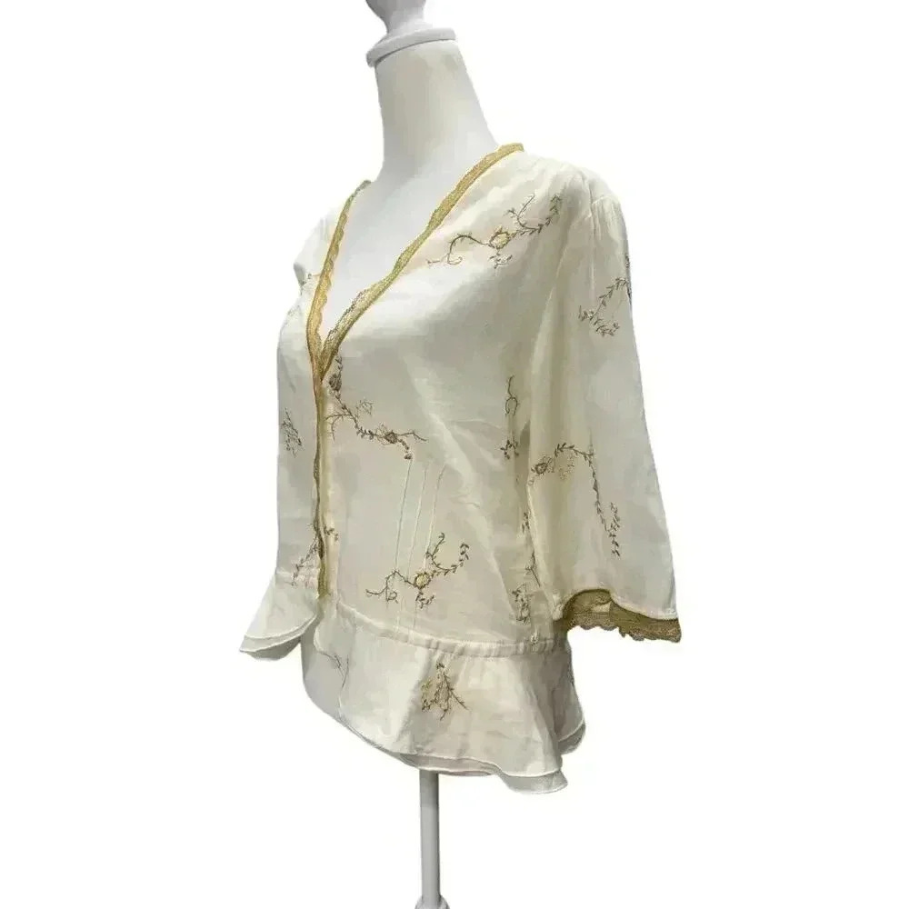 Feminine Light Cotton Deep V Short Sleeve Embroidered Button Closure Scalloped - Picture 4 of 15